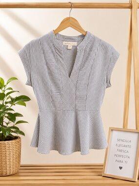Striped Peplum V-Neck Top - Gray/White